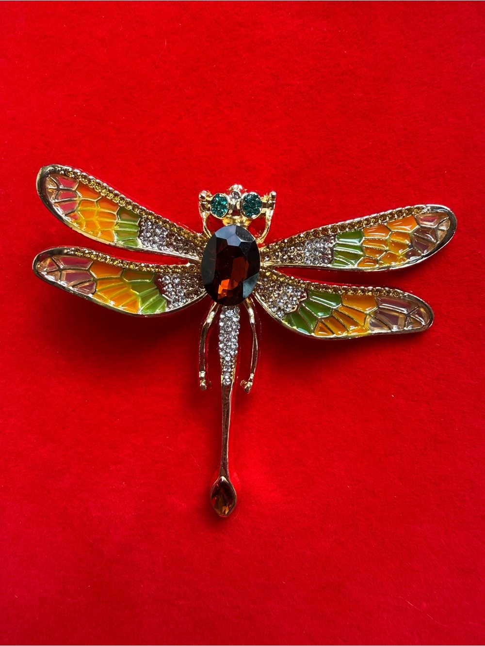 American Vintage Green and Orange Dragonfly Brooch with Amber Center